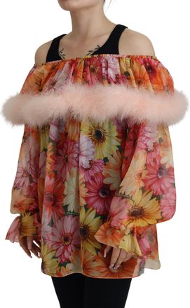 Dolce & Gabbana Womens Multicolor Floral Fur Shearling Blouse Top Silk