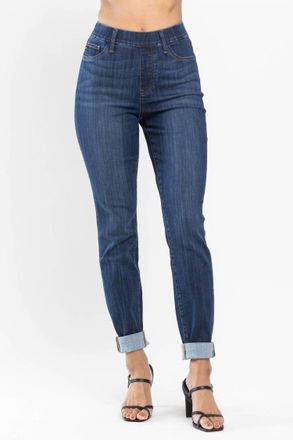 Judy Blue Waist Pull On Slim Fit Cuffed Jeans In Dark Wash