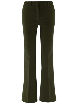 Ql2 Quelledue Flared Dark Green Stretch Cotton Velvet Pants With Tailored Silhouette