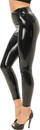 Feoya Womens Faux Leather Leggings High Waisted Shiny Leggings Slim Fit Wet Look Trousers Metallic PU Leather Tight Pants Pull On Stretch Skinny Leggings Pl