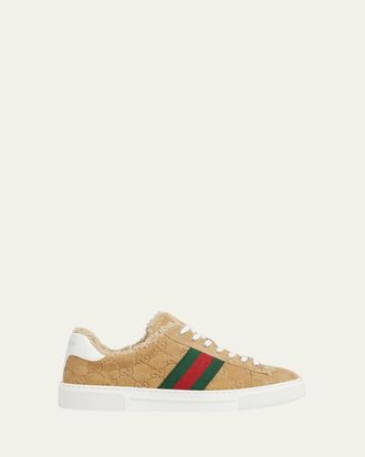 Gucci Ace GG Suede Shearling Low-Top Sneakers