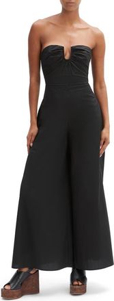 Bardot Lora Strapless Wide Leg Cotton Poplin Jumpsuit in Black at Nordstrom, Size 4