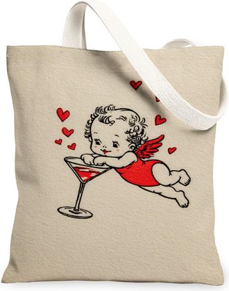 Generic ValentineS Day Angel Canvas Tote Bags, Cute Cherub Design Lightweight Washable Reusable Grocery Bags for Shopping Beach Pi, Beige, 13x15 Inch