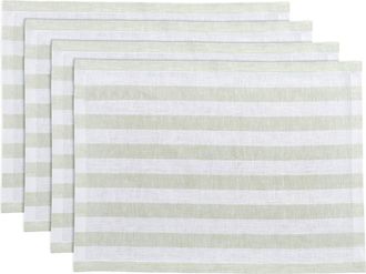 Solino Home Linen Placemats Set of 4, 14 x 19 Inch for Dining Table, Holiday and Everyday Table Decor - Sorrento Stripe in Sage And White at