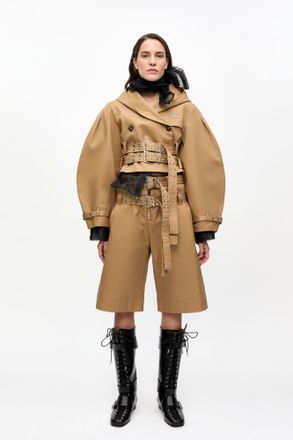 Ganni Beige Camel Bonded Cotton Belt Shorts - Size 32