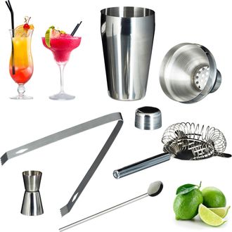 Relaxdays Set 4 Kits C&oacute;ctel 5 Piezas C/u, Set De Coctelera Con Accesorios, Acero Inoxidable, Para Batidos Y C&oacute;cteles, Plateado