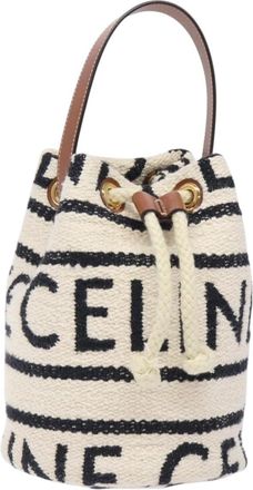 Celine Teen Drawstring Plein Soleil Bucket Bag Canvas With Leather White Canvas Bag (Pre-Owned)