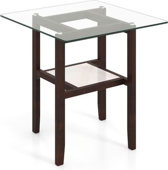 Costway 61CM Square Glass Side Table 2-Tier End Table w/Storage Shelf-Brown