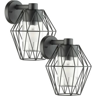 Loops 2 PACK IP44 Outdoor Wall Light Black Wire Cage Shade 1x 60W E27 Porch Lamp