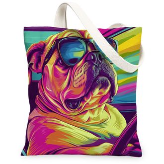 Generic Bulldog Dog Canvas Tote Bag for Shopping 13x15, Pop Aesthetic Funky Puppy Reusable Grocery Print Pattern Bag for Women, Cool Pet Beach Aesthetic Paint