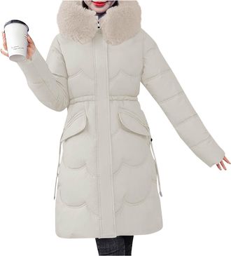 Generic Winter Coats for Women UK Long Hooded Puffer Jackets with Faux Fur Collar Outercoat with Pockets Thick Parka Slim Fit Warm Windbreaker Padded Jackets 