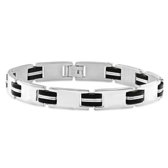 Pompeii3 Mens Steel And Black Two Tone, Two striped 10mm Link 8.5 Bracelet