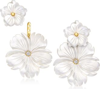 Ross-Simons Mother-Of-Pearl and. White Topaz Flower Removable Drop Earrings With 18kt Gold Over Sterling