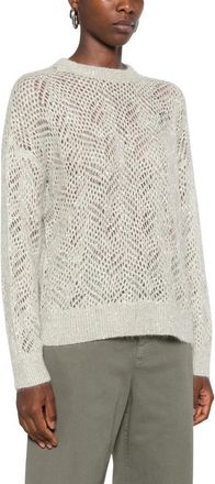 Brunello Cucinelli Trui met open breisel en pailletten - Dames - Ronde hals truien - Grijs - M - Pailletten - Truien & Vesten