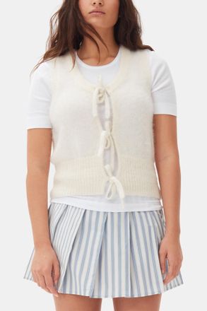 Ganni White Ivory Tie String Vest - Size XS Mohair