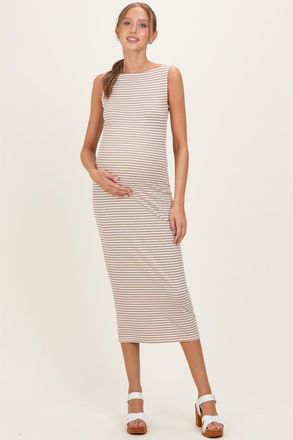 Pinkblush Striped Boat Neck Sleeveless Midi Dress in Mocha at Nordstrom, Size Large