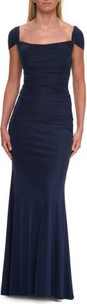 La Femme Simple Ruched Cap Sleeve Net Jersey Gown in Navy at Nordstrom, Size 14