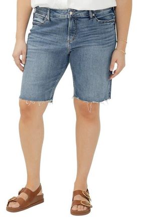 Silver Jeans Co Elyse Curvy Raw Hem Mid Rise Denim Bermuda Shorts in Sunset Blue at Nordstrom, Size 14W