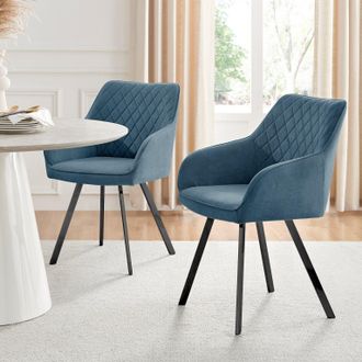 Furniturebox Set of 2 Falun Deep Padded Dining Chairs Upholstered in Soft & Durable Fabric With Black Legs in Blue