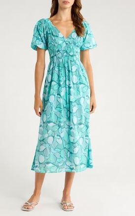 Billabong Go Coastal Puff Sleeve Midi Dress in Blue Bird at Nordstrom Rack, Size Medium