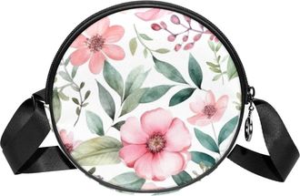 Generic Circle Crossbody Bag for Women, Floral Leaves Small Sling Bag Daypack with Zipper Adjustable Shoulder Straps Casual Ladies Girls Round Purse