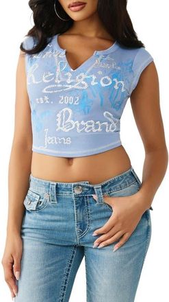 True Religion Crystal Embellished Buddha Crop Graphic T-Shirt in Endless Sky at Nordstrom, Size Xx-Large