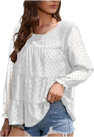 Generic My Orders Ladies Tops UK Clearance Lantern Long Sleeve Round Neck Shirts Solid Color Swiss Dot Chiffon Blouse Elegant Dressy Tunic Shirt Ruffled Loose
