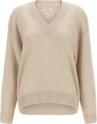 Brunello Cucinelli Diamante Sweater - Dames - Cashmere truien - Beige - S - Leer - Truien & Vesten