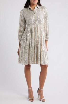 Eliza J Sequin Stripe Shirtdress in Silver at Nordstrom, Size 10