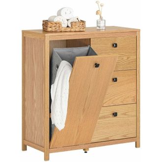 SoBuy Sobuy - Armario De Ba&ntilde;o Para Ropa Sucia Mueble Multifuncional Para Ba&ntilde;o Con 1 Cesto Y 3 Cajones 80 X 35 X 90cm Natural Bzr97-n Es