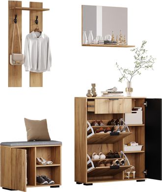 STILVORA Mueble De Entrada Con 4 Puertas, Banco Zapatero, Espejo, 1 Caj&oacute;n Y 2 Ganchos, Estilo Moderno, En Tablero De Part&iacute;culas, Natural, 140&times;35&times;139 Cm