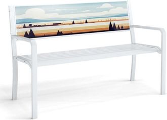 Costway Panchina da giardino per esterni, panca da patio in metallo a 2 posti con schienale decorativo, seduta a doghe e braccioli, 128 x 53 x 81,5 cm, Bianco