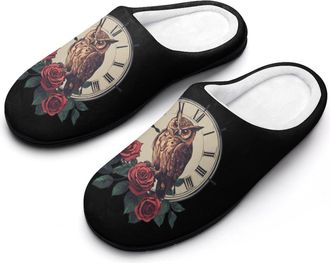 Generic Owl Rose Flowers Clock Womens Slippers Warm House Slippers Indoor House Shoes with Anti-Skid Rubber Sole