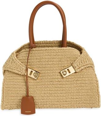 Ferragamo Synthetic Straw Hug Bag in Naturale Dark Sand at Nordstrom
