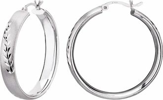 Gold & Honey Womens Satin Hoop Earrings With Diamond Cut Leaf In Silver