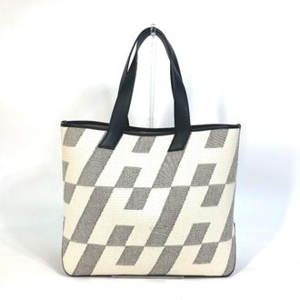 Hermès Black Gray White Canvas Swift Leather Handbag Tote Bag (Pre-Owned)