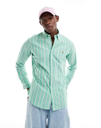 Polo Ralph Lauren Camicia Oxford a righe verde e rosa con logo