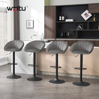 Woltu Woltu - Juego De 4 Taburetes De Bar De Terciopelo, Sillas De Bar Giratorias Ajustables, Gris Oscuro