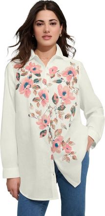 Roaman's Plus Size Kate Cambric Cotton Printed Long Sleeve Shirt in Ivory Garden Bloom at Nordstrom, Size 26