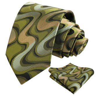 Alizeal Mens Ripple Patterned Necktie and Hanky Colorful Gradient Novelty Tie and Pocket Square Set, Army Green