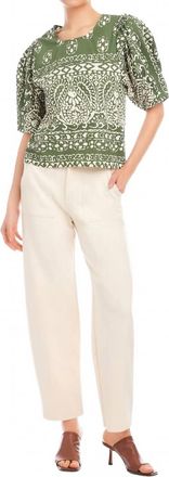Fifteen Twenty Rosie Puff Sleeve Top In Green/off White Print
