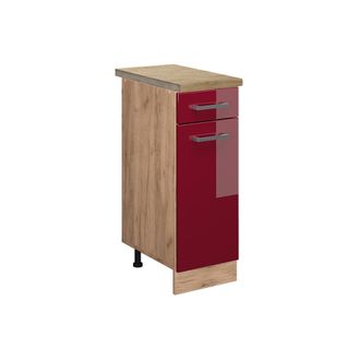 Vicco Mueble Bajo De Cocina R-line, Rojo Burdeos Alto Brillo, 30 Cm, Et Roble