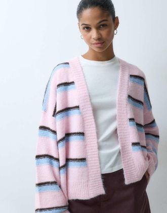 Miss Selfridge cardigan a righe morbido aperto in rosa tenue
