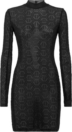 Philipp Plein Tulle Mini-jurk met Lange Mouwen Monogram Strass - Dames - Korte kleedjes - Zwart - M - Polyester - Kleedjes