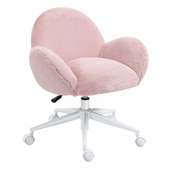 HOMCOM Fluffy Leisure Chair Office Chair with Backrest Armrest Wheels Pink | TJ Hughes