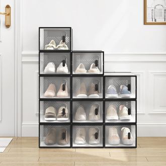 Woltu Woltu Caja De Zapatos 12 Contenedores Transparentes Y Negros Plegables Y Apilables