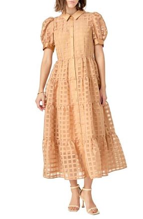 English Factory Grid Pattern Tiered Midi Shirtdress in Camel at Nordstrom, Size Small