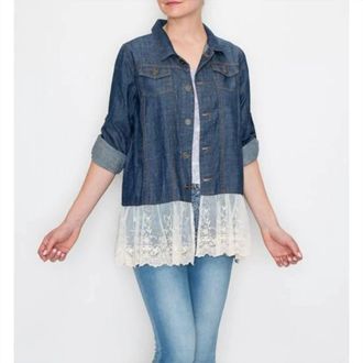 Origami Jewellery Denim Jacket With Lace Hem Detail In Dark Blue