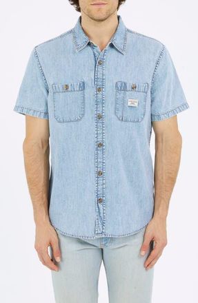 Guess Short Sleeve Cotton Denim Button-Up Shirt in Medium Wash at Nordstrom, Size Xx-Large