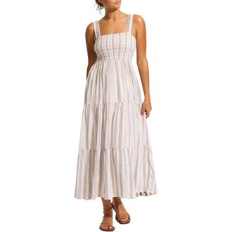 Seafolly Beach Edit Embroidered Tiered Smocked Cotton Cover-Up Maxi Dress in Natural at Nordstrom Rack, Size X-Small